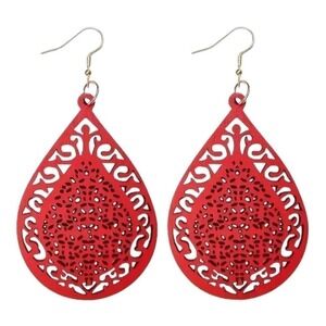 Red Wood Carved pattern droplet shaped Dangle, Earrings retro Ethnic Sty…
